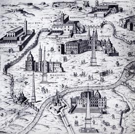 A early map of Rome from 1589 highlighting the seven major churches.